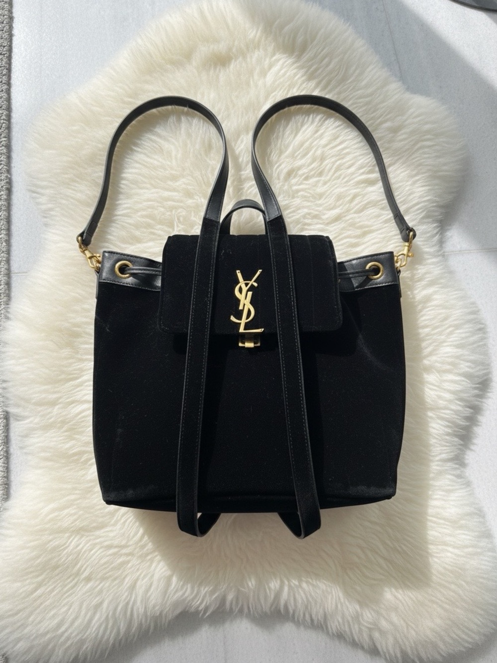 Saint Laurent Black Velvet Backpack with Gold YSL Logo
